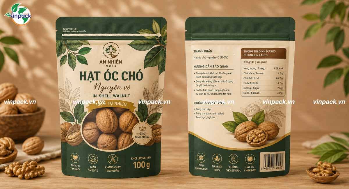 Mẫu bao bì hạt óc chó 100g đục lỗ nhìn thấy sản phẩm bên trong