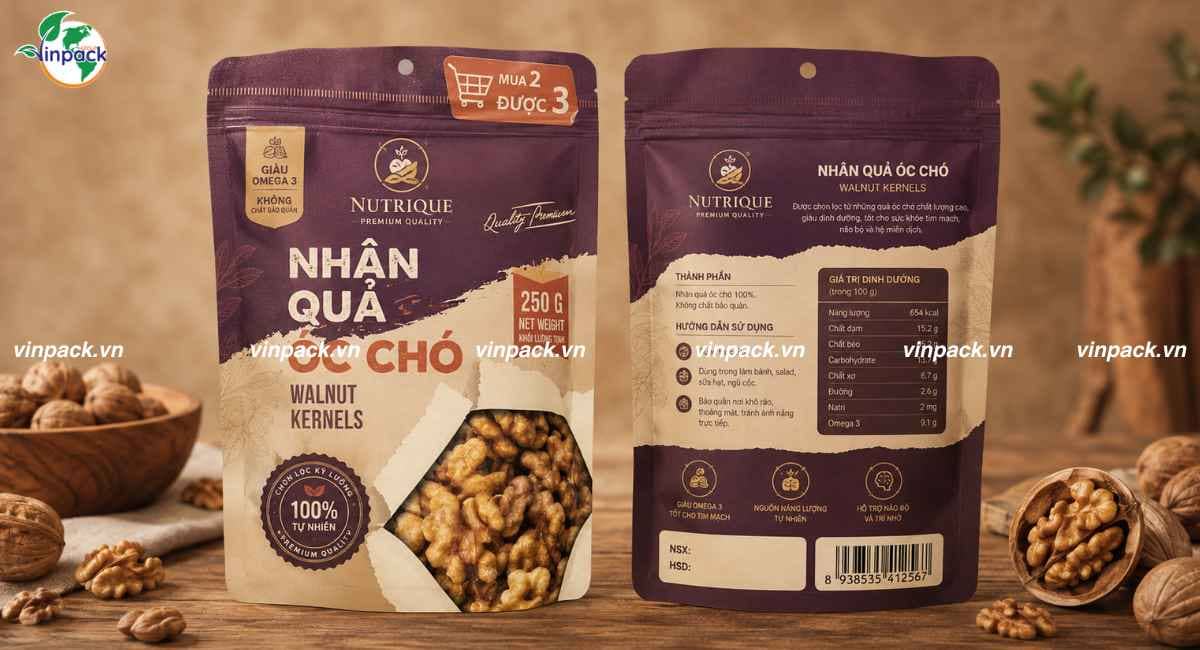 Mẫu bao bì hạt óc chó tách vỏ 250g có đục lỗ treo in theo yêu cầu 2 mặt trước sau