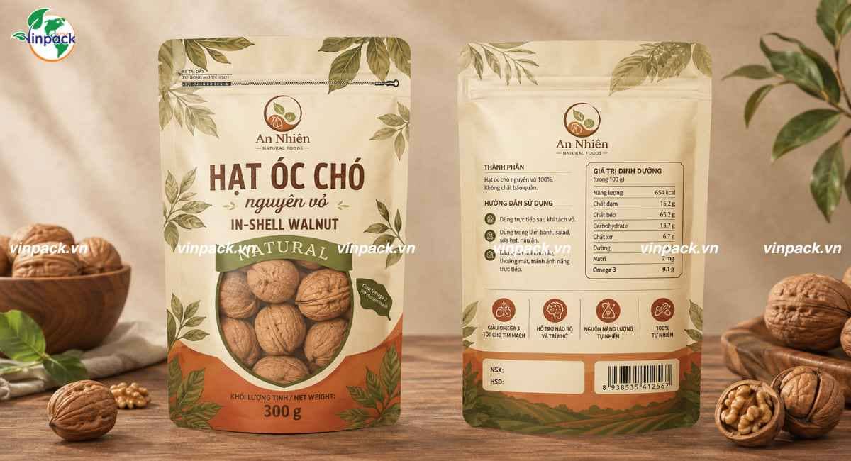 Mẫu bao bì hạt óc chó túi zipper đáy đứng in trục đồng có gia công màng kính nhìn sản phẩm bên trong