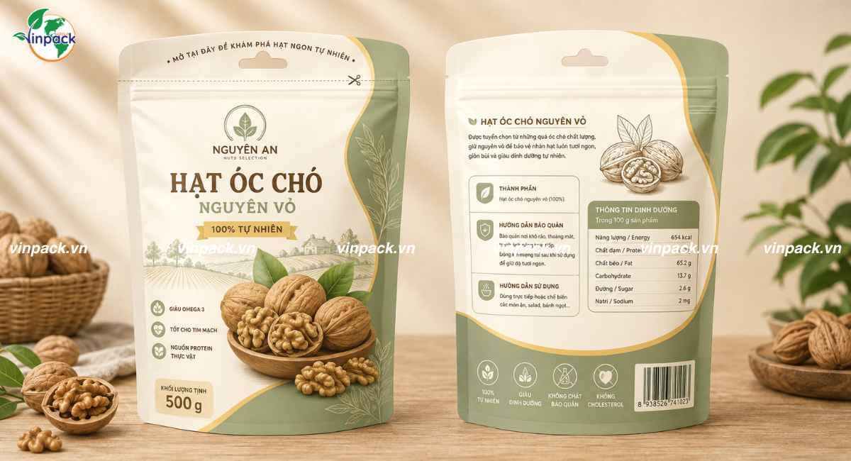Mẫu bao bì hạt óc chó 500g túi zipper đáy đứng