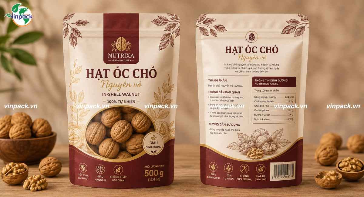 Mẫu bao bì túi zipper đáy đứng in trục đồng có đục lỗ treo