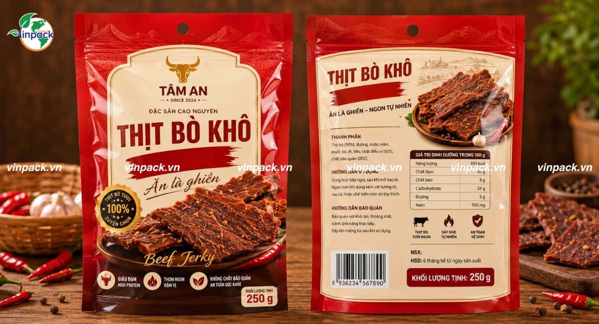 Mẫu bao bì khô bò 250g in logo thương hiệu rõ nét