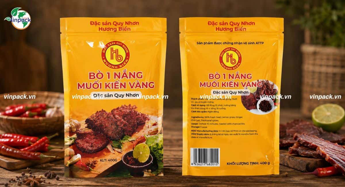 Mẫu bao bì khô bò 400g túi zipper in trục đồng