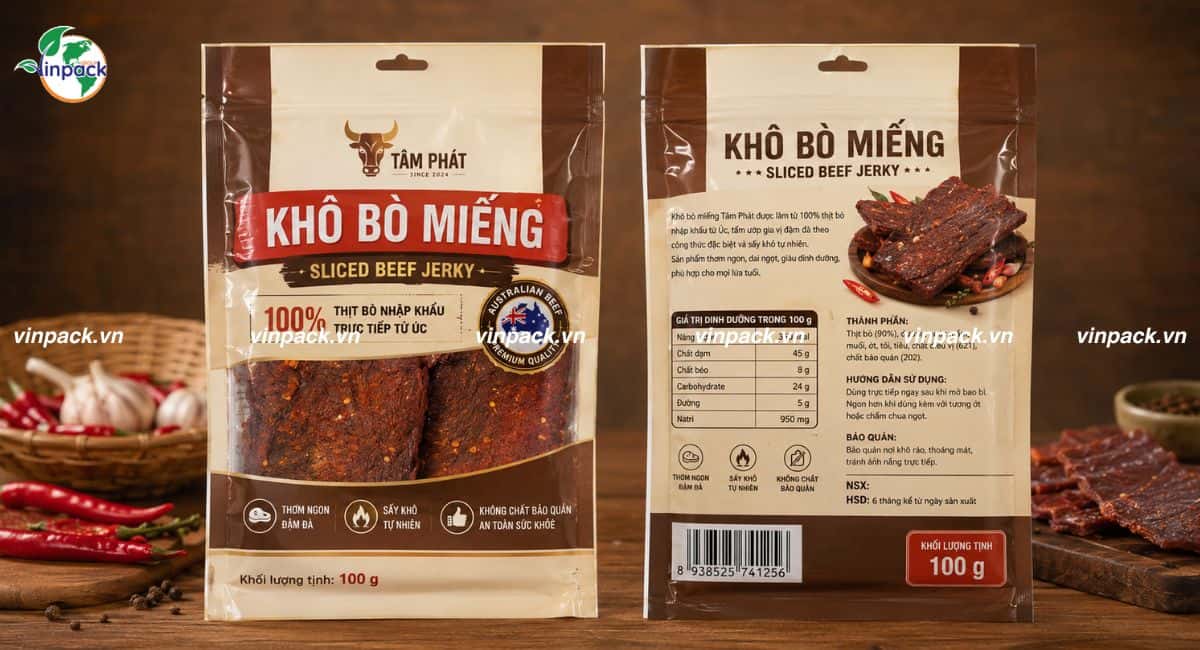 Mẫu bao bì khô bò miếng in ống đồng 4 màu