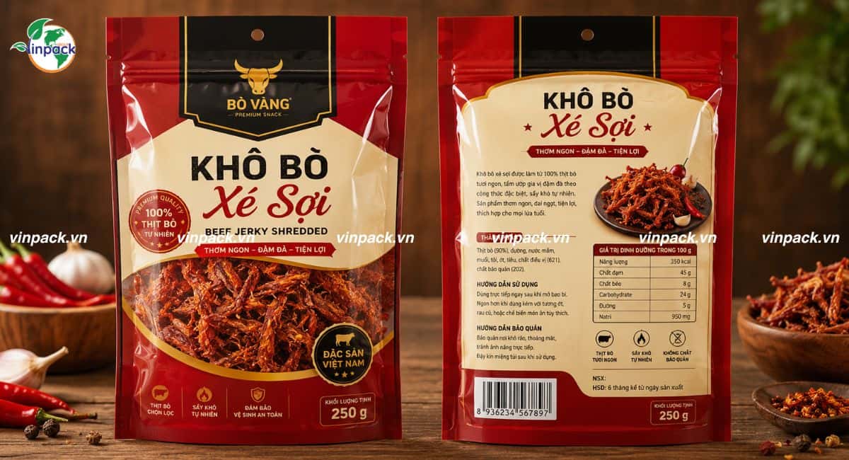 Mẫu bao bì khô bò túi zipper tiện lợi