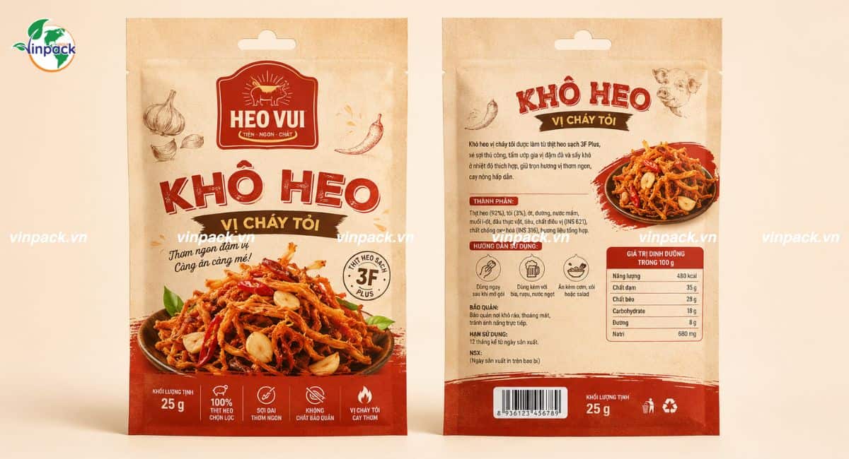 Mẫu bao bì khô heo được in 2 mặt sắc nét bằng công nghệ trục đồng