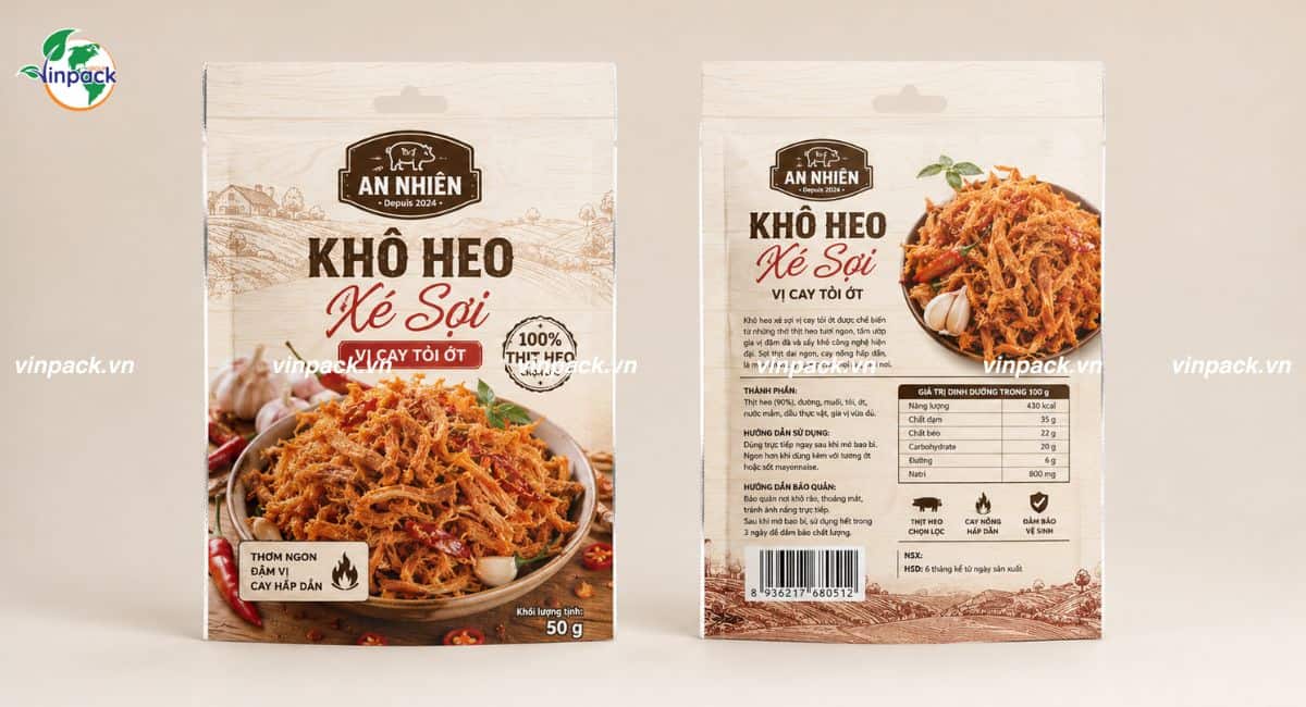 Mẫu bao bì khô heo 50g túi zipper in trục đồng 5 màu