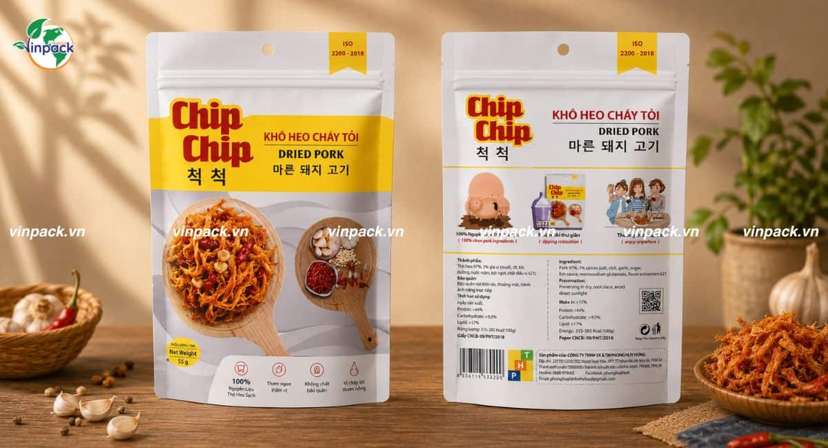 Mẫu bao bì khô heo cháy tỏi đạt chuẩn để xuất khẩu