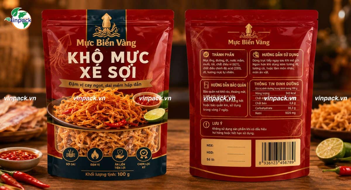 Mẫu bao bì khô mực 100g được in trục đồng 2 mặt trước sau