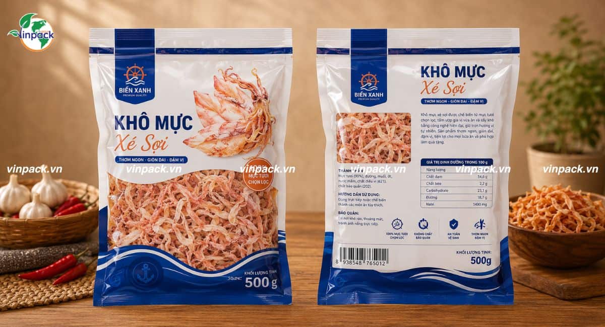 Mẫu bao bì khô mực 500g in mặt trước thấy được sản phẩm
