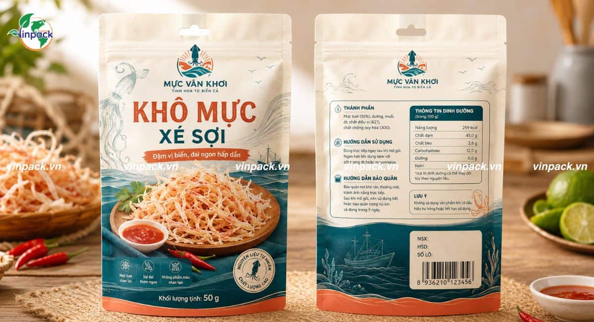 Mẫu bao bì khô mực túi zipper có đục lỗ treo 50g