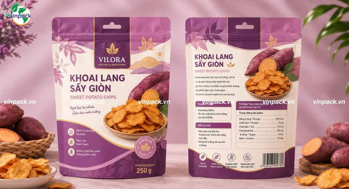 Mẫu bao bì khoai lang sấy in theo yêu cầu doanh nghiệp logo rõ nét