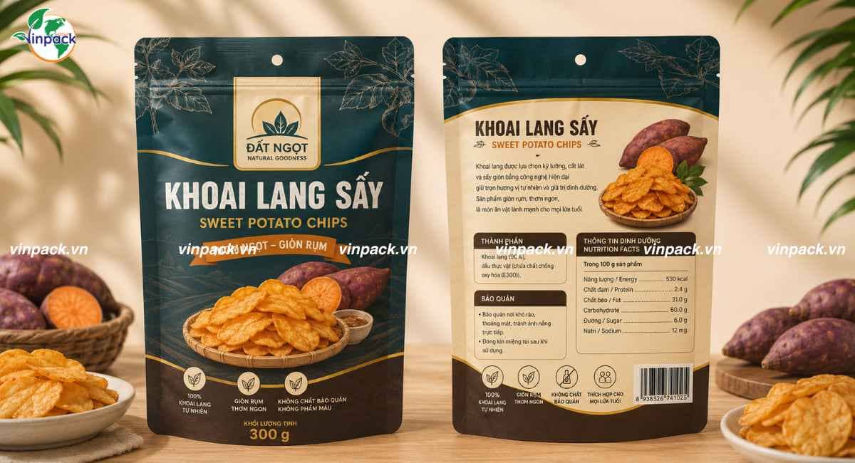Mẫu bao bì khoai lang sấy cao cấp in trục đồng theo yêu cầu