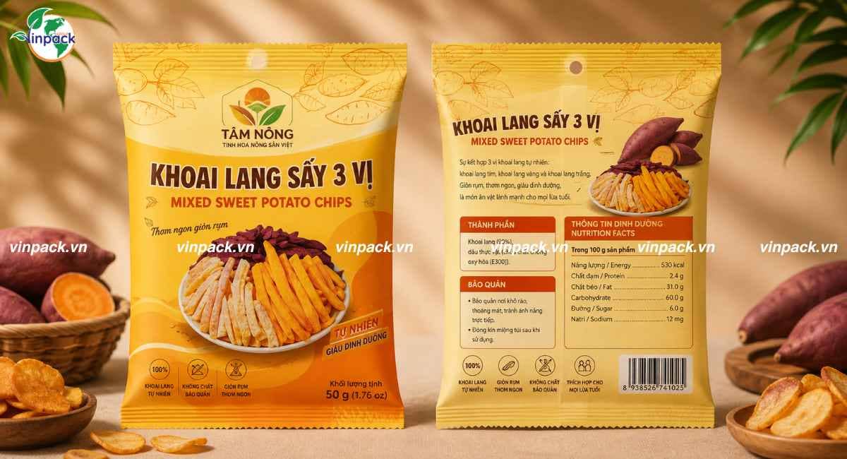 Bao bì khoai lang sấy 3 vị in trục đồng túi hàn lưng giữa