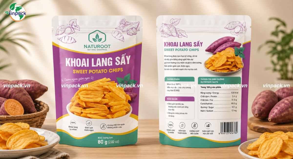 Bao bì khoal lang sấy túi zipeer đáy đứng 80g in trục đồng theo yêu cầu