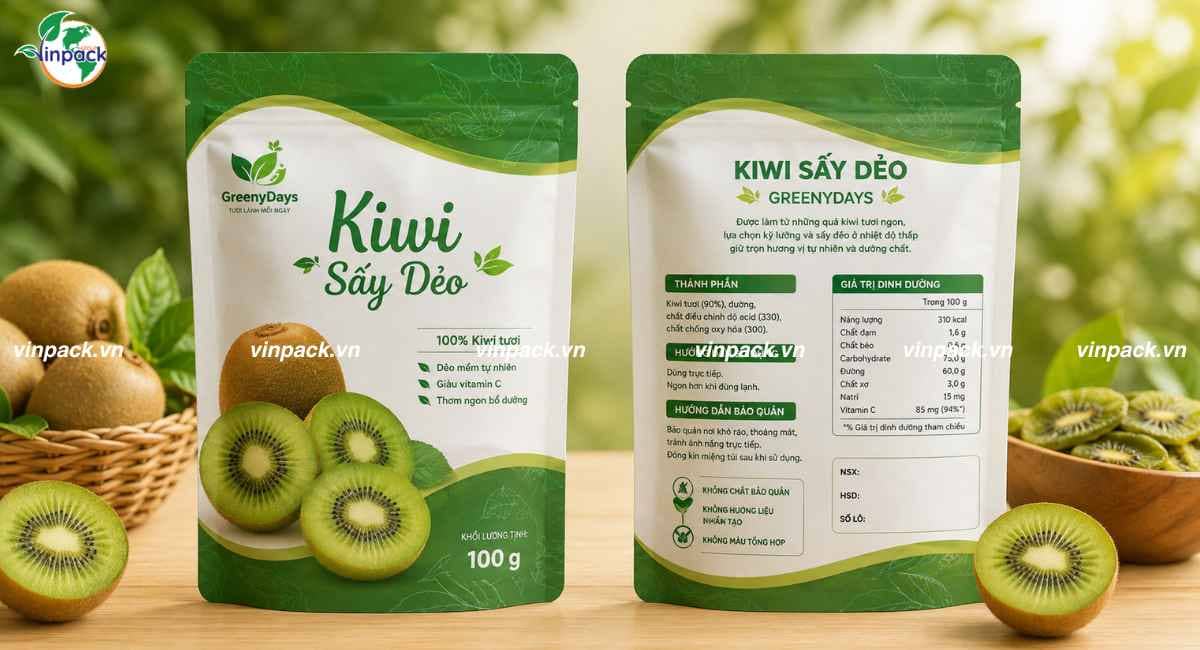 Mẫu bao bì kiwi sấy dẻo 100g in theo yêu cầu có khóa zipper