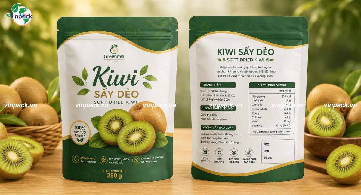 Mẫu bao bì kiwi sấy dẻo 250g in theo yêu cầu 2 mặt trước sau