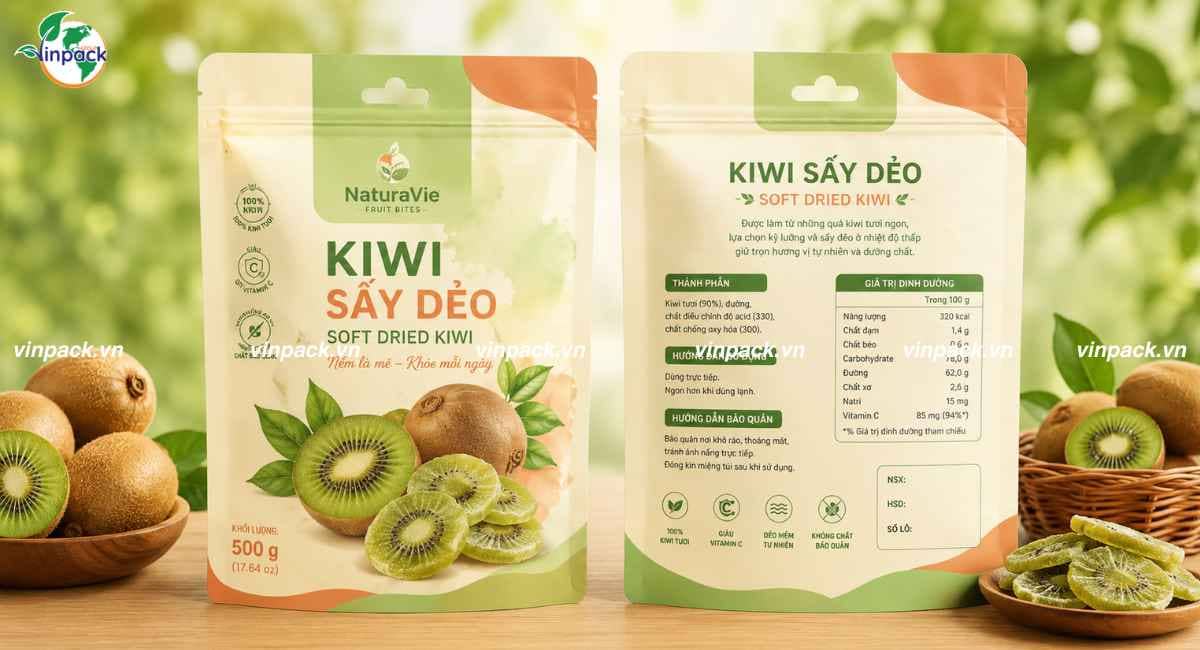 Mẫu bao bì kiwi sấy dẻo 500g túi lớn có đục lỗ treo