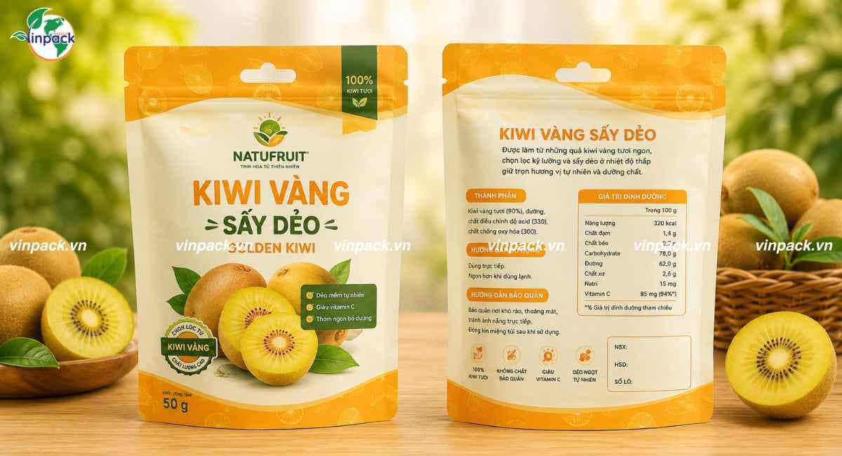 Mẫu bao bì kiwi sấy dẻo 50g in theo yêu cầu có đục lỗ treo và khóa zipper