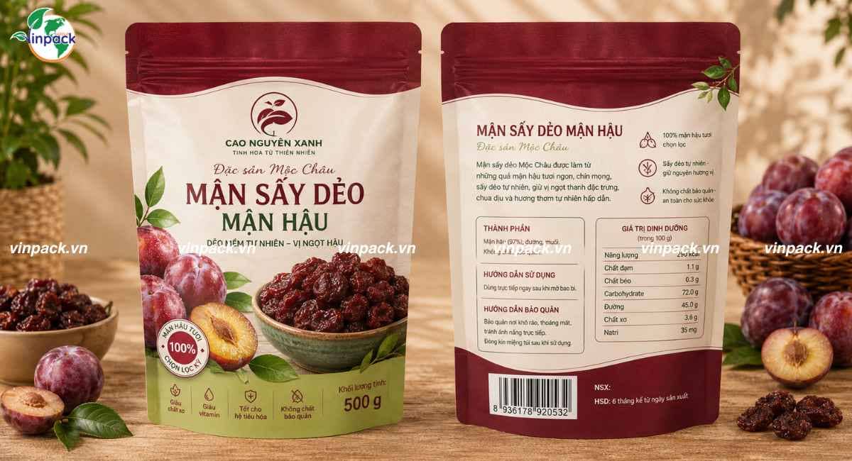 mẫu bao bì mận sấy túi lớn 500g cấu tạo 3 lớp ghép dung môi