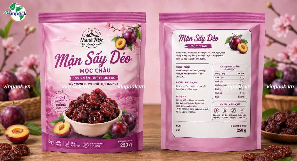 Mẫu bao bì mận sấy in trục đồng túi 3 biên