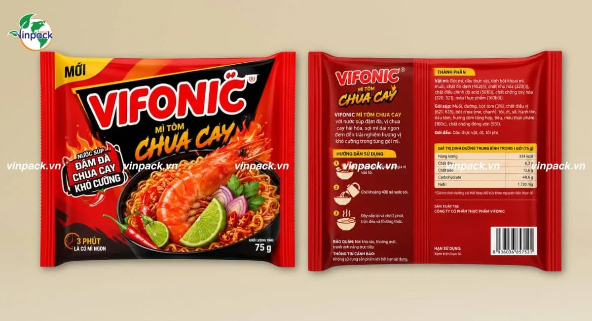 Mẫu bao bì mì gói thiết kế theo yêu cầu in đầy đủ thông tin theo yêu cầu doanh nghiệp