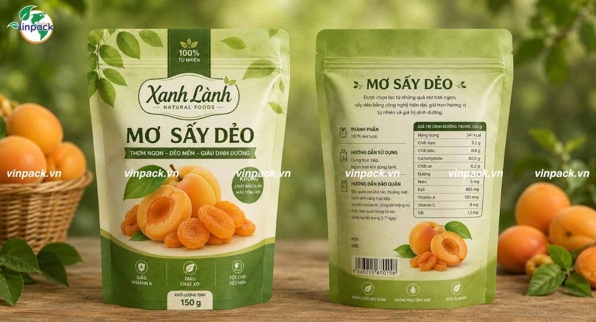 Mẫu bao bì mơ sấy 150g túi zipper đáy đứng