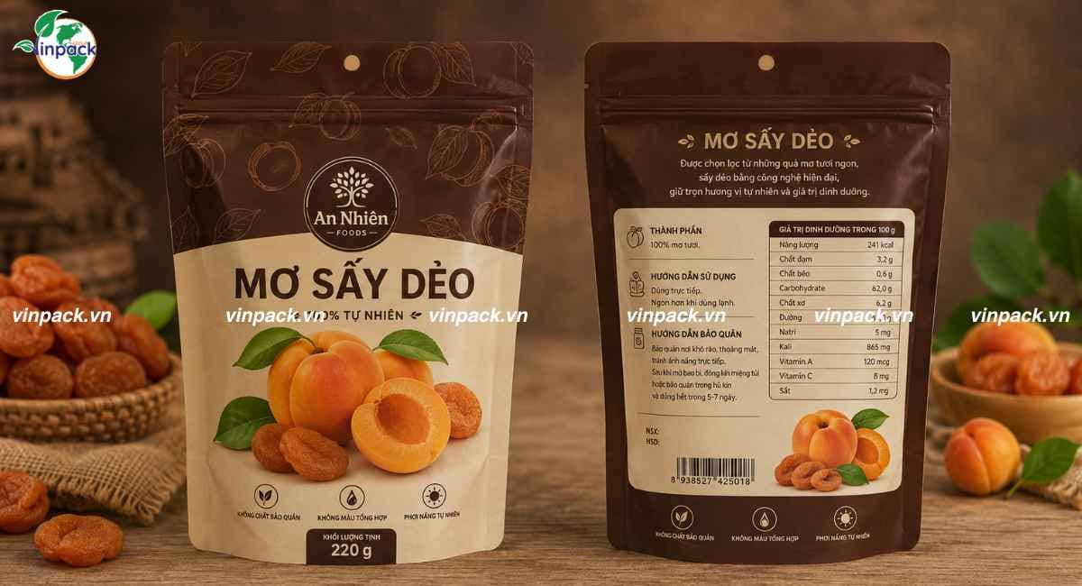 Mẫu bao bì mơ sấy 220g 2 mặt trước sau cấu trúc 3 lớp chống ẩm