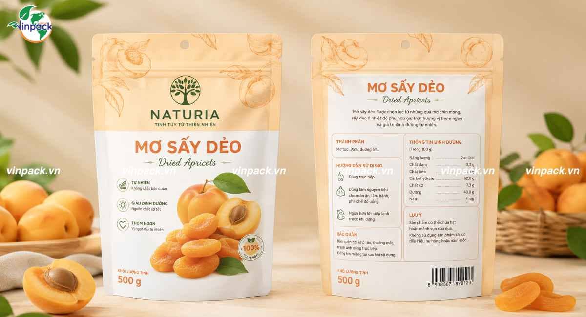 Mẫu bao bì mơ sấy 500 túi zip lớn đáy đứng 3 lớp 500g