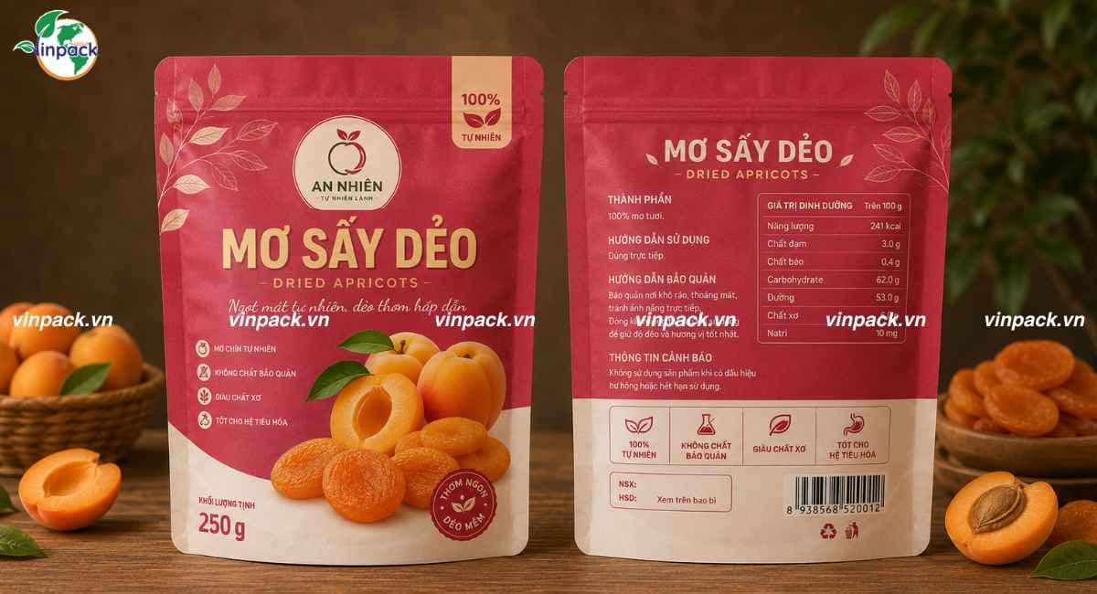 Mẫu bao bì mơ sấy in trục đồng 6 màu theo yêu cầu