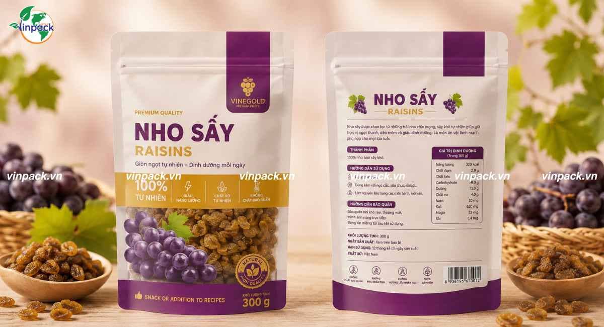 Mẫu bao bì nho sấy 300g in trục đồng túi zipper đáy đứng