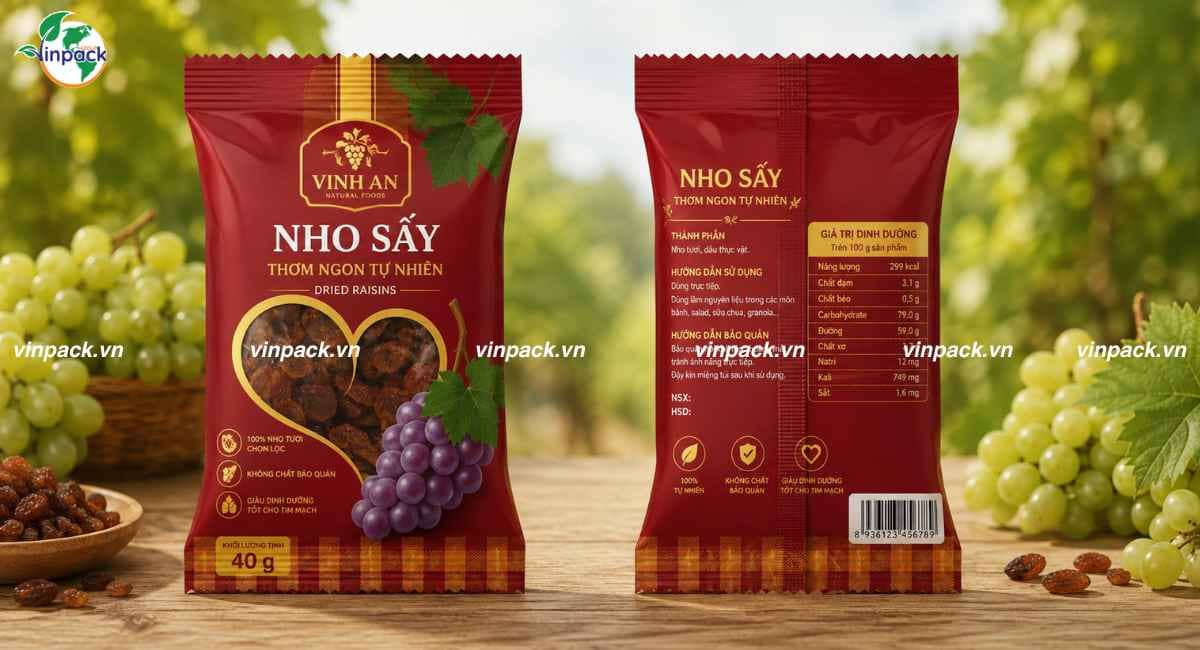 Mẫu bao bì nho sấy gói nhỏ 40g túi 3 biên gia công răng cưa dễ xé