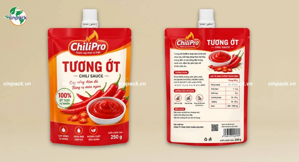 Mẫu bao bì nước chấm đựng tuôn ớt có vòi in theo yêu cầu