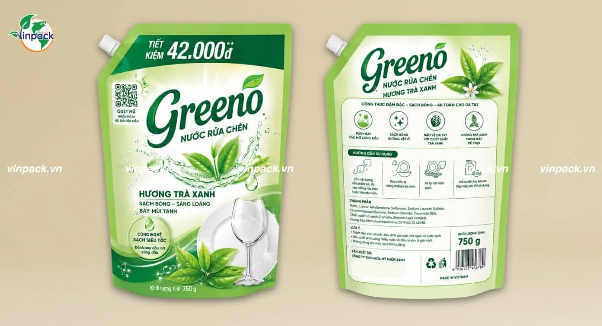 Mặt trước sau của bao bì nước rửa chén được in trục đồng