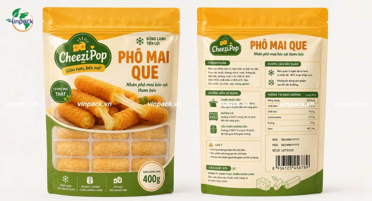 Mẫu bao bì phô mai que dạng túi zipper đáy đứng tinh chỉnh kích thước theo yêu cầu thương hiệu