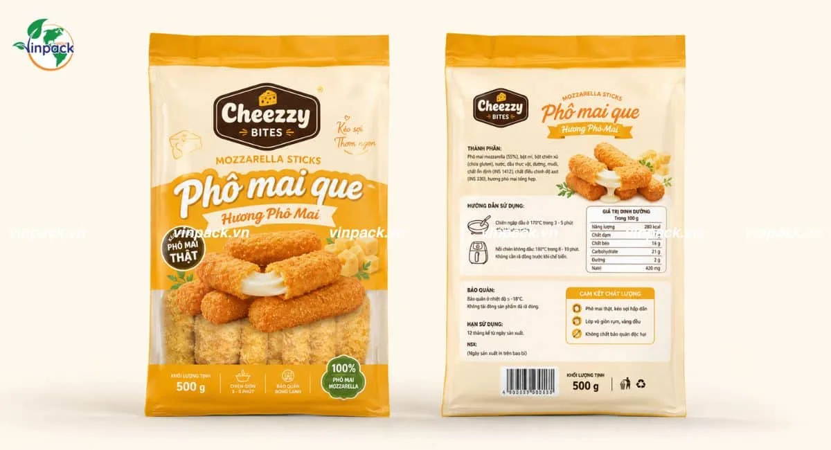 Mẫu bao bì phô mai que được in ấn 2 mặt trước sau bằng công nghệ in trục