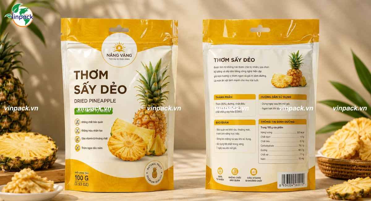 Mẫu bao bì thơm sấy 100g in trục đồng 4 màu theo yêu cầu doanh nghiệp