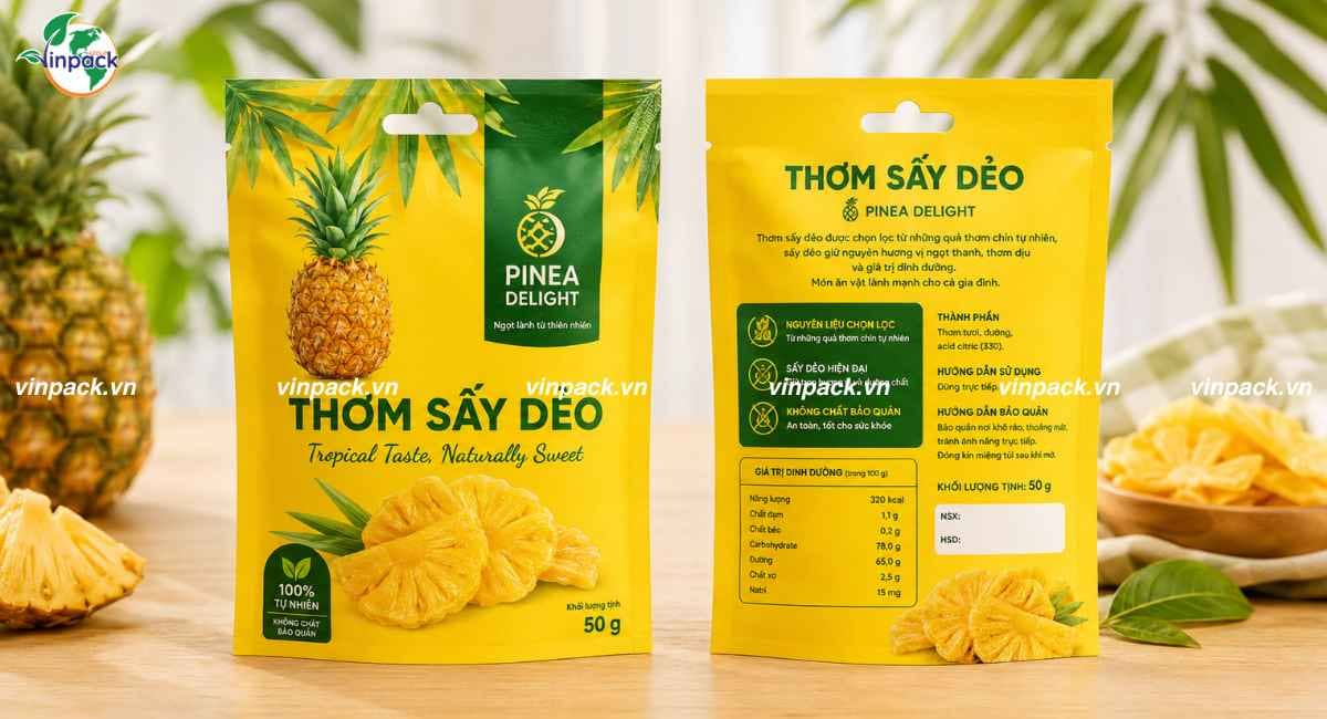 Mẫu bao bì đựng thơm sấy túi 3 biên mẫu ăn thử gia công chỗ xé tiện lợi