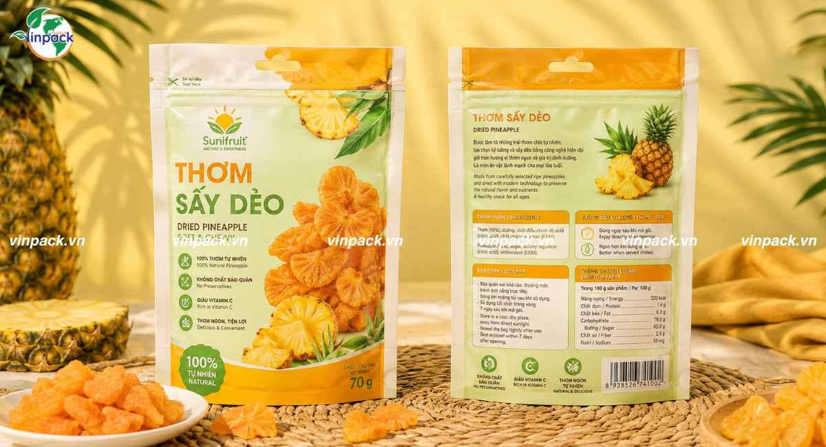 Mẫu bao bì thơm sấy dẻo in mặt trước sau đầy đủ các thông tin nhận diện thương hiệu