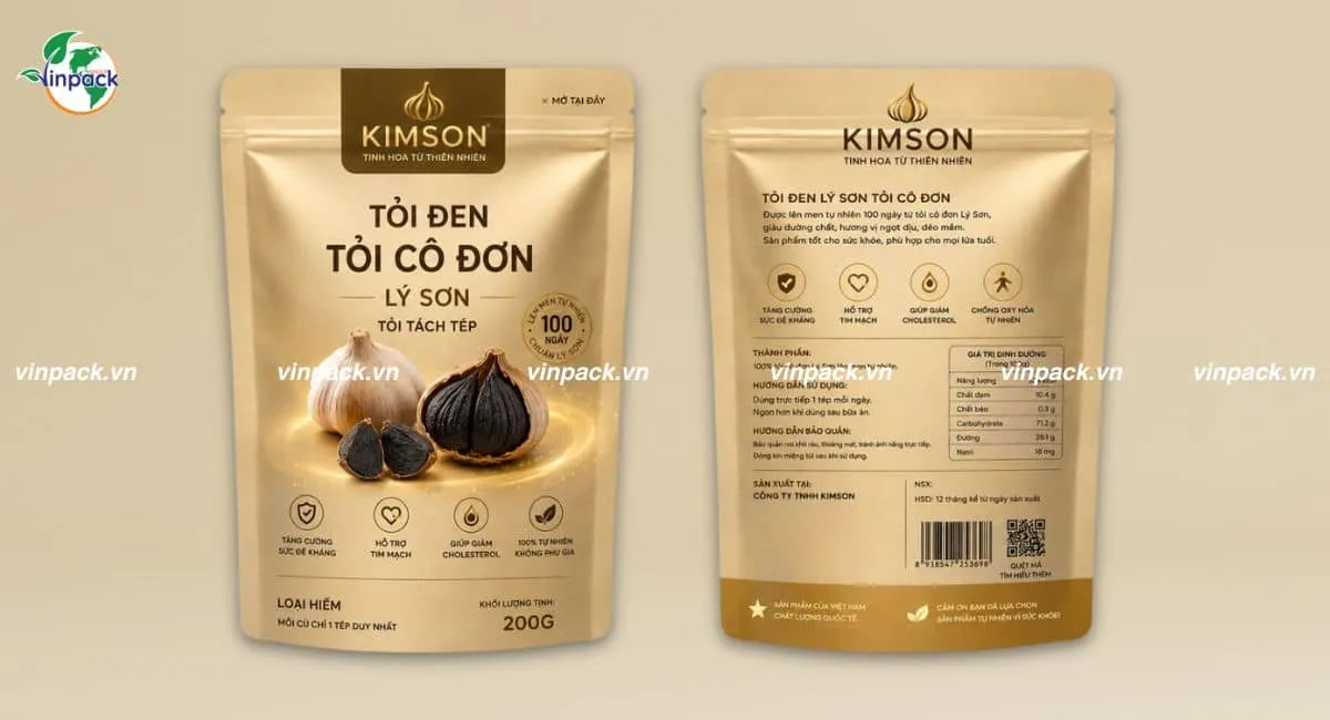 Mẫu bao bì tỏi đen in trục đồng thiết kế đơn giản 2 mặt trước sau
