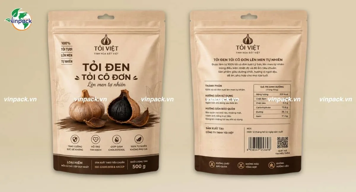 Mẫu bao bì tỏi đen quà tặng in trục đồng đơn giản sắc nét