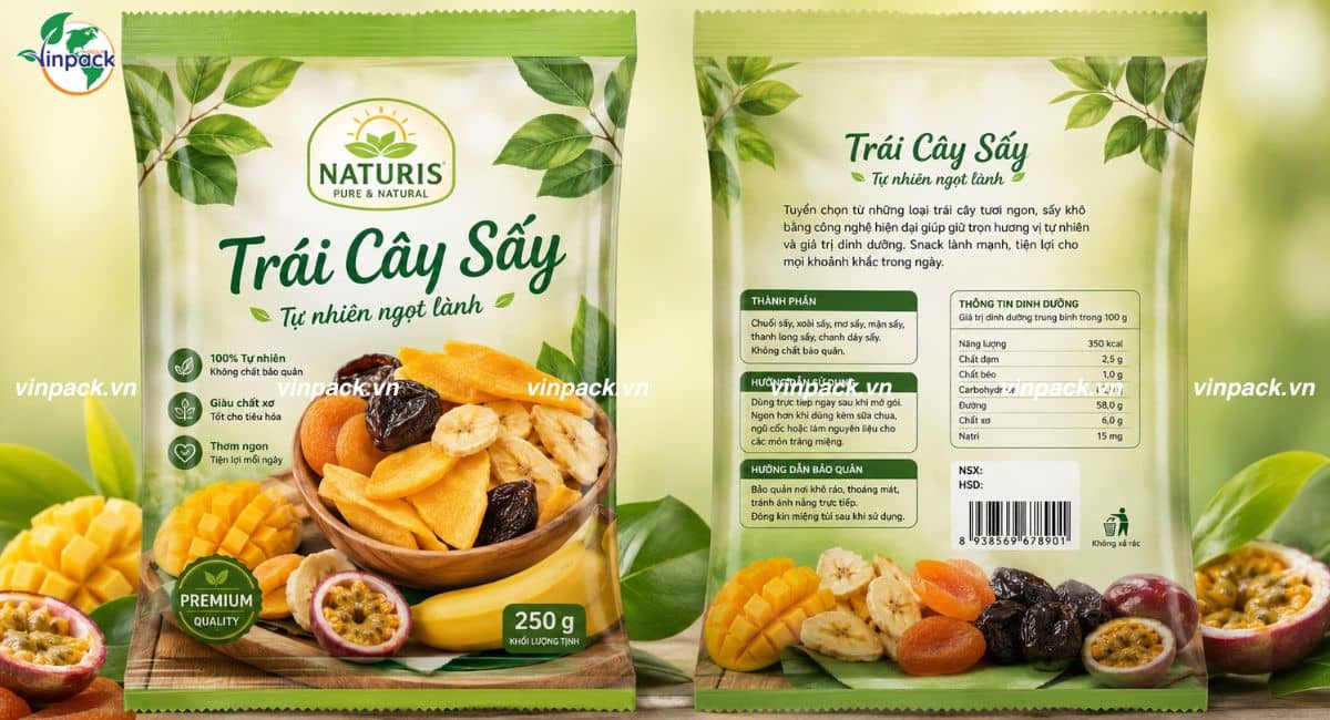 Mẫu bao bì trái cây sấy 250g có trăng cưa dễ xé