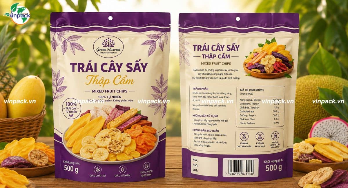 Mẫu bao bì trái cây sấy 500g túi lớn in theo yêu cầu