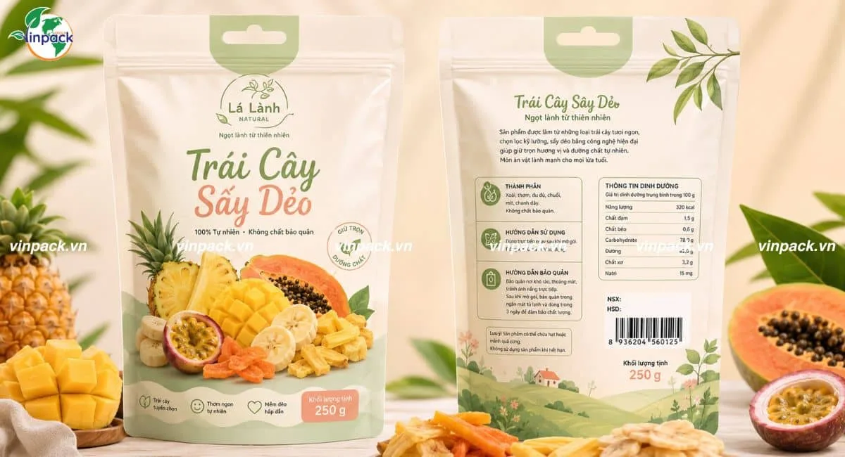 Mẫu bao bì trái cấy sấy dẻo dục lỗ treo