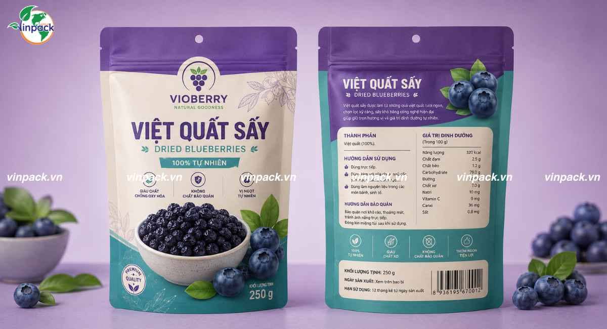 Mẫu bao bì việt quất sấy 250g túi zip đáy đứng in 6 màu rõ nét