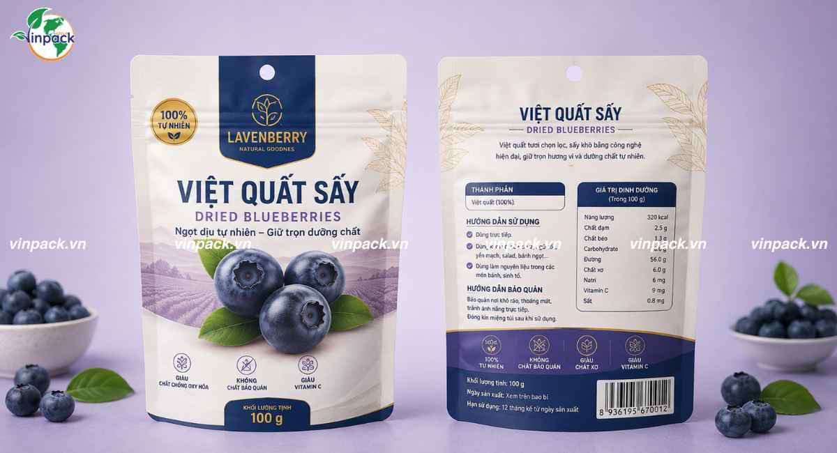 Mẫu bao bì việt quất sấy in logo theo yêu cầu doanh nghiệp
