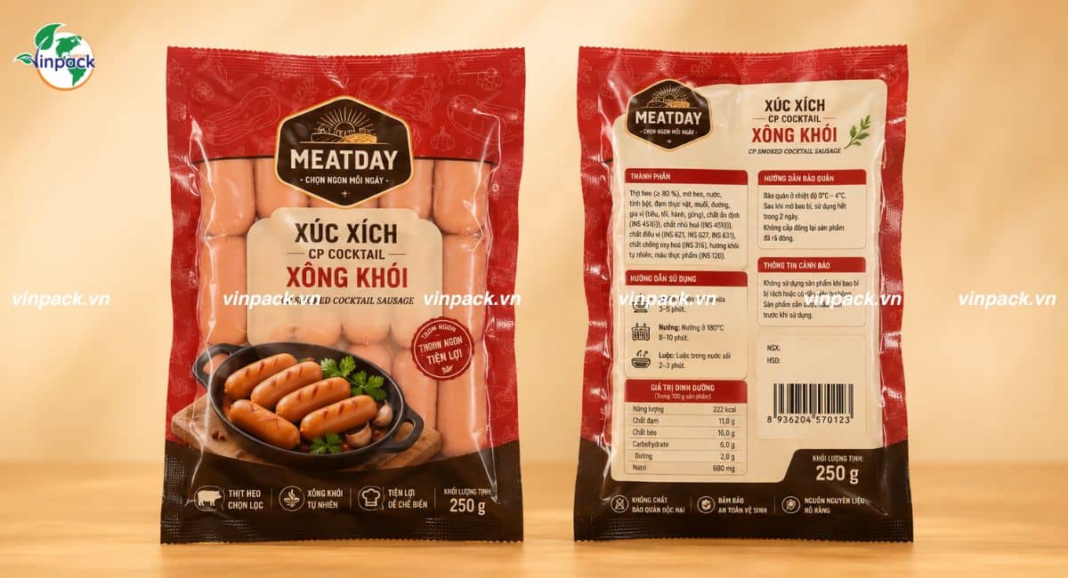 Mẫu bao bì xúc xích túi 250g thấy được sản phẩm bên trong