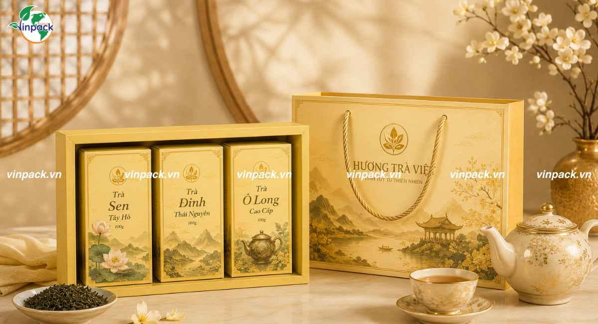 Mẫu túi giấy đựng trà cao cấp hiện đại sang trọng