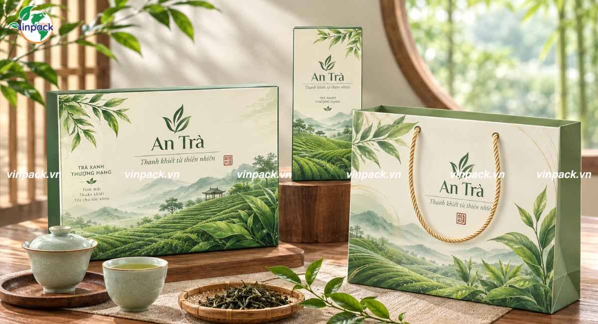 Mẫu túi giấy đựng trà lớn đồng bộ với hộp trà có sẵn
