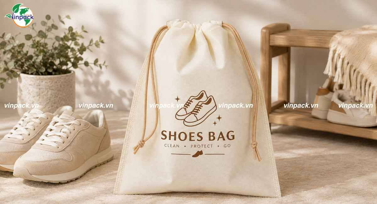 Mẫu túi vải không dệt dây rút đựng giày